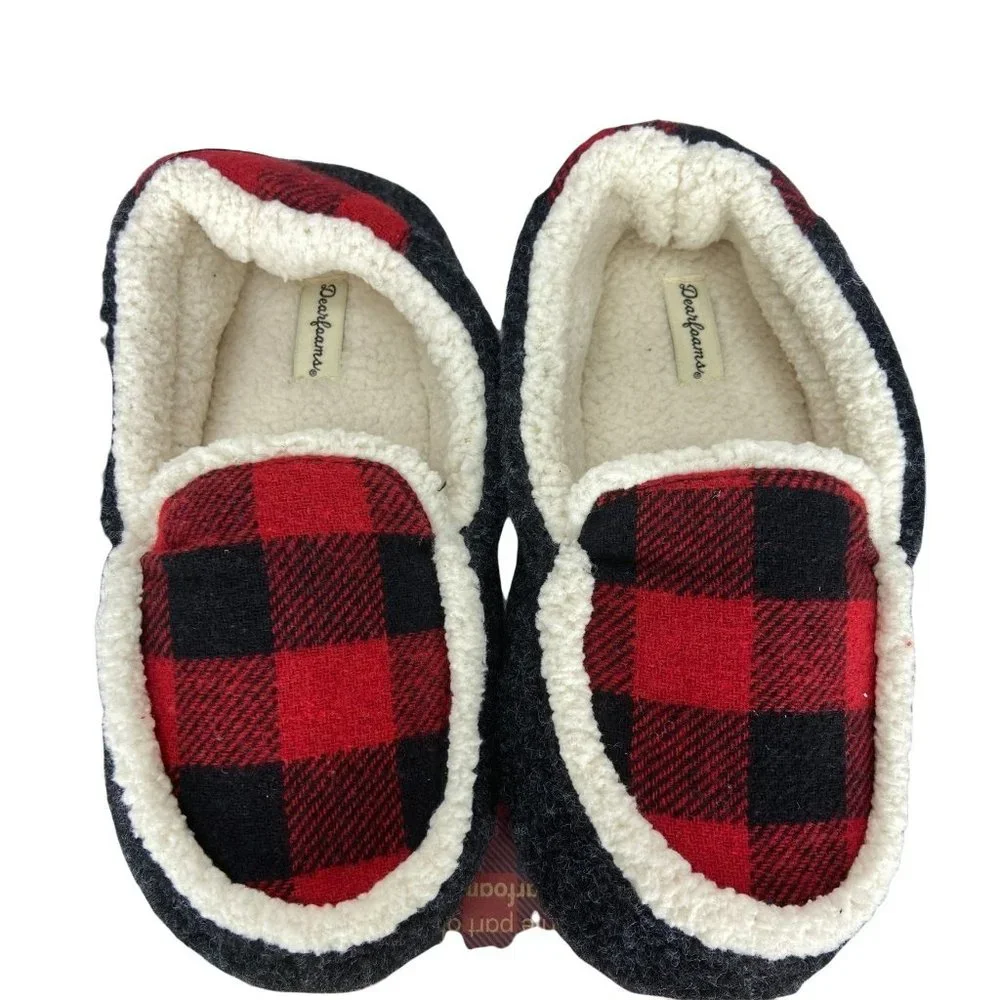 Dearfoams Boys Girls Plaid Multi Fab Moccasins‎ Slippers 11/12
